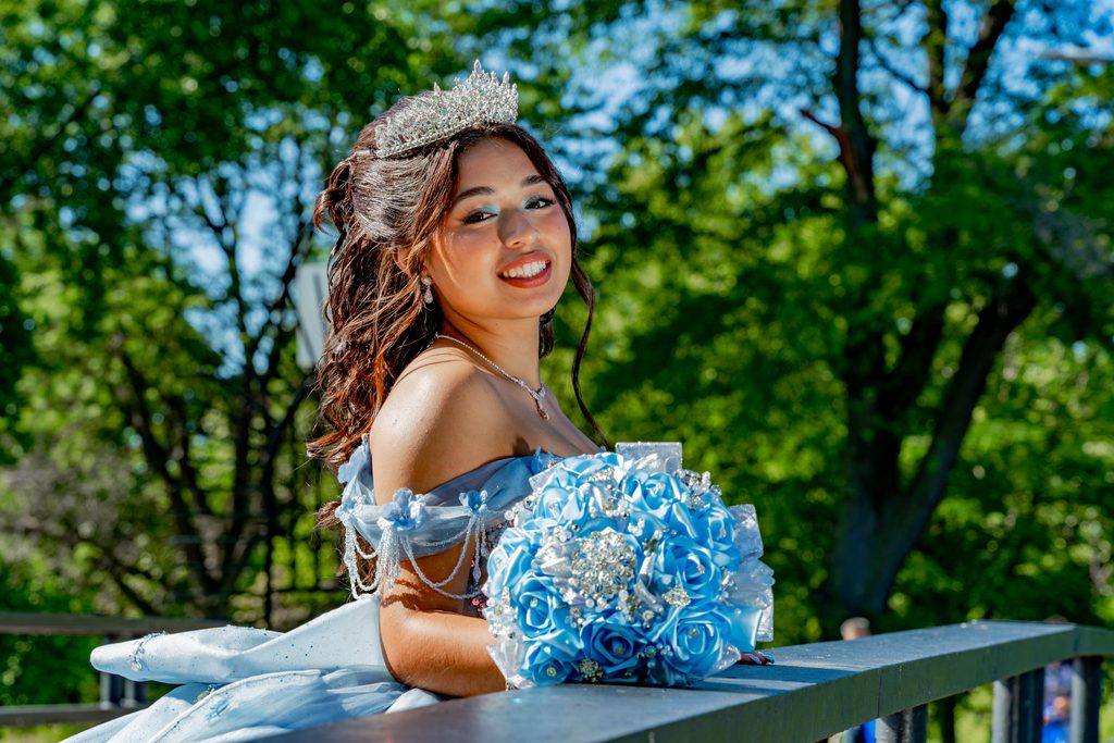Quinceañera in her gown surrounded by the gardens at Chicago’s Japanese Garden